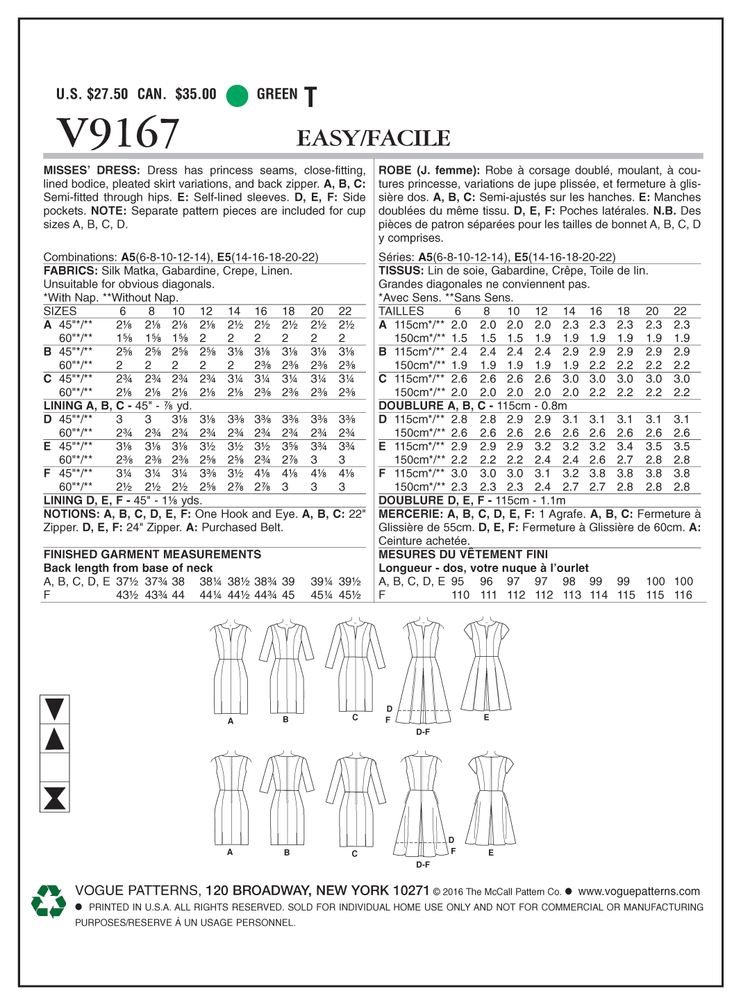 Vogue Patterns V9167 Misses’ NotchNeck PrincessSeam Dresses Sewdirect