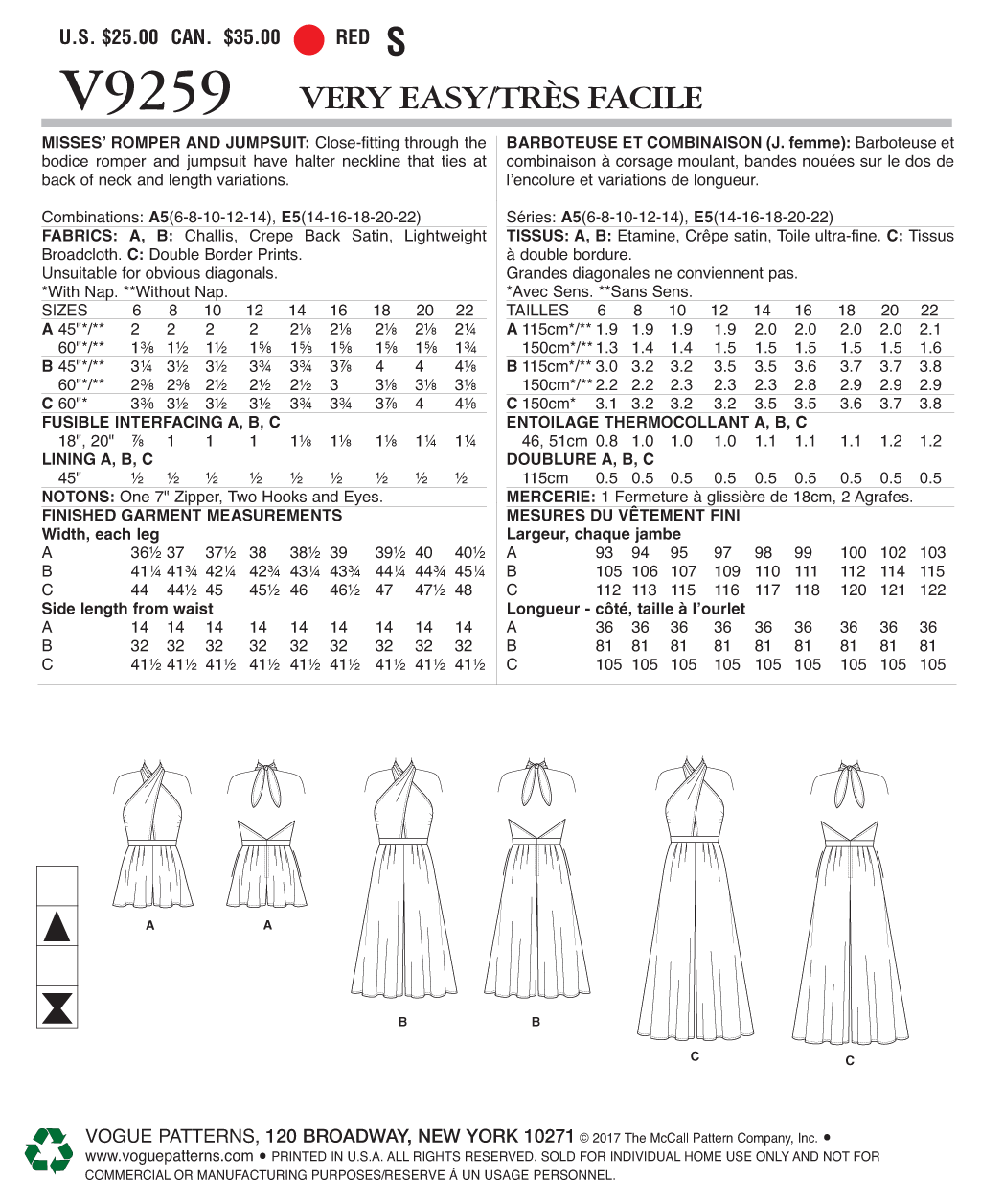 Vogue Patterns V9259 Misses' Criss-Cross Halter Romper and Jumpsuit with Length Variations