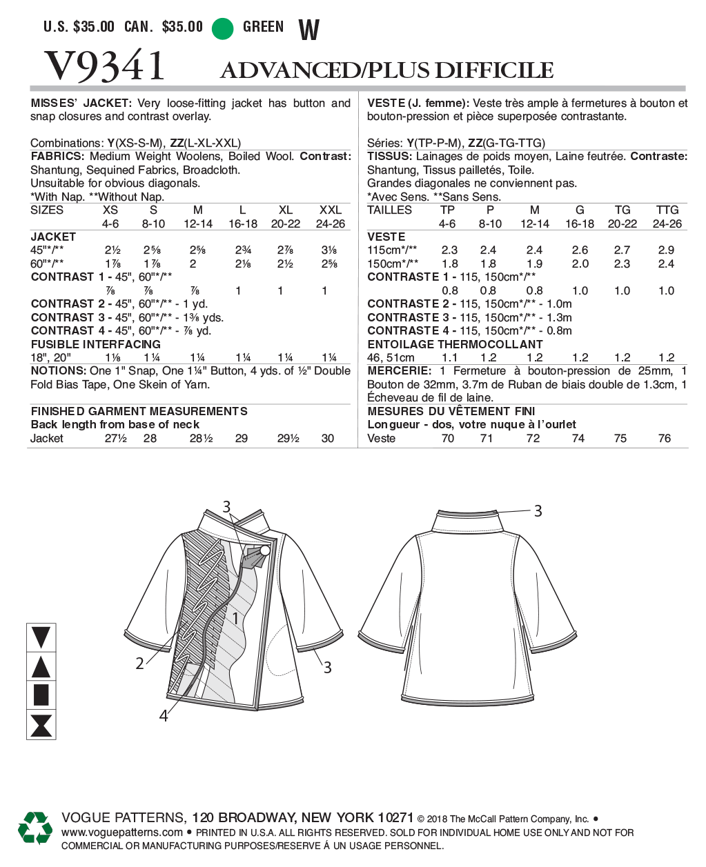 Vogue Patterns V9341 Misses' Jacket