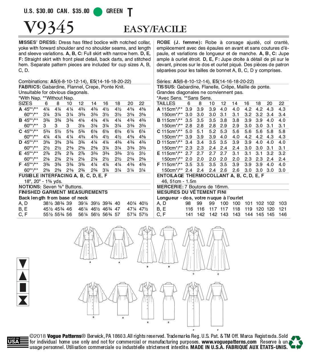 Vogue Patterns V9345 Misses' Dress