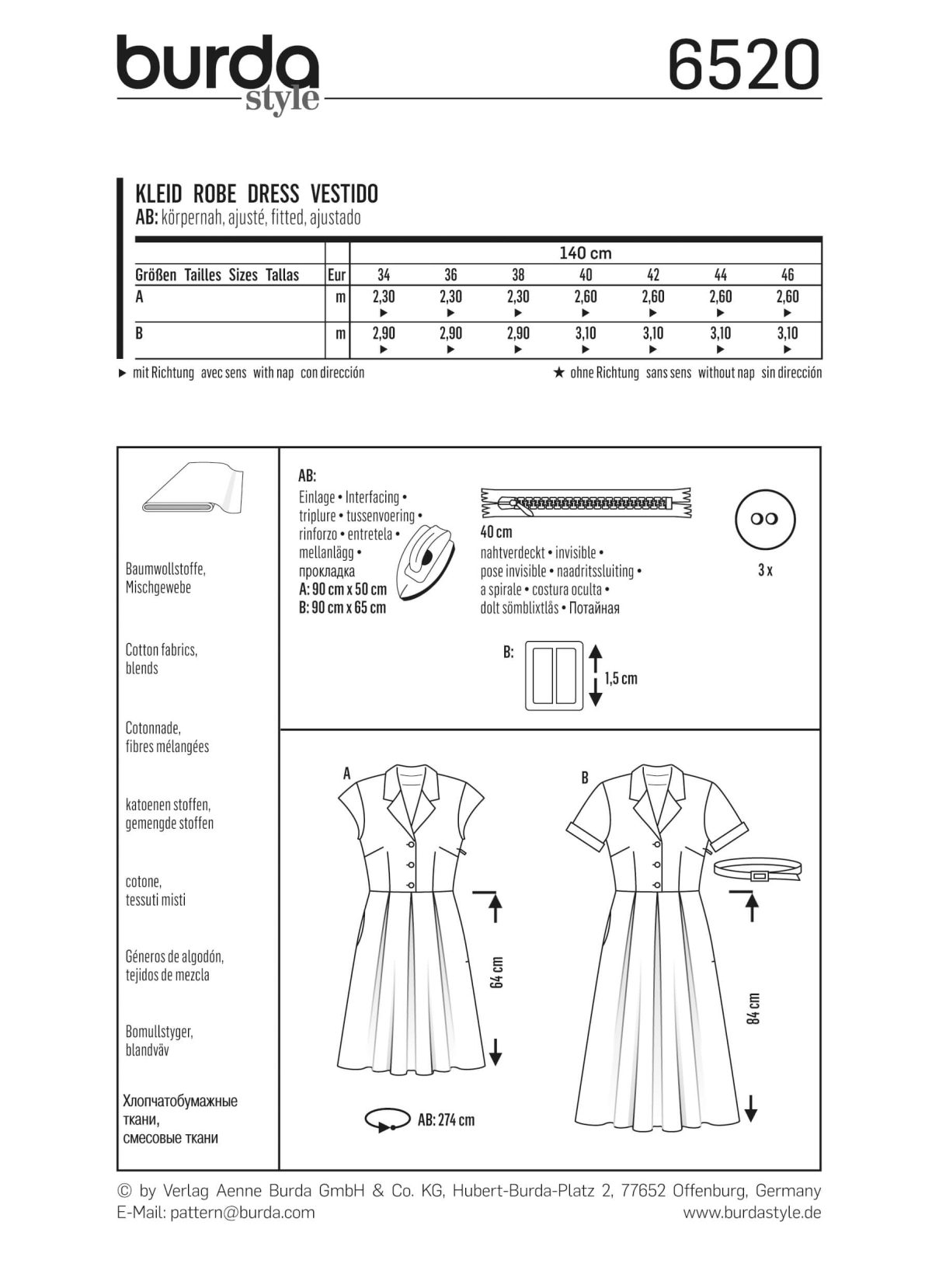 Burda Style Pattern B6520 Women's' Dress, Blouse and Skirt