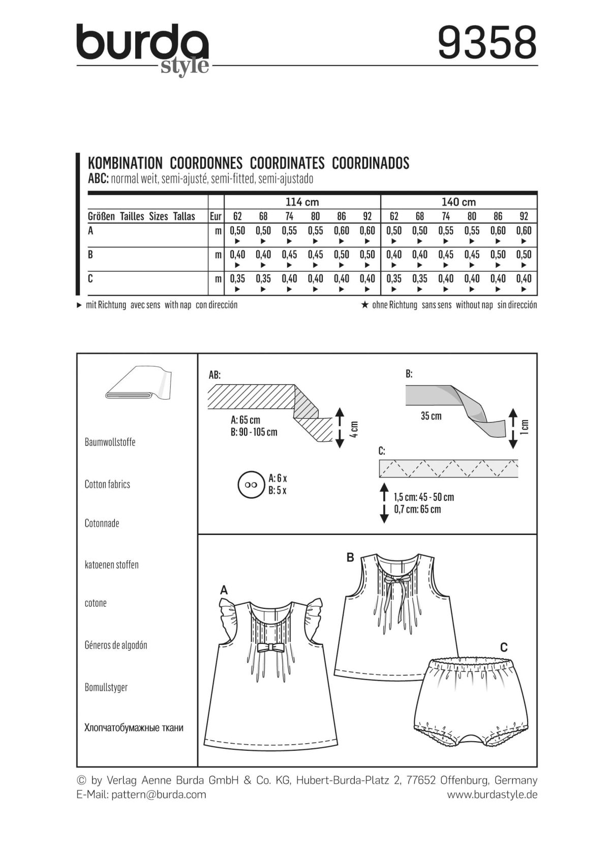 Burda Style Pattern B9358 Baby Dress, Top and Panties