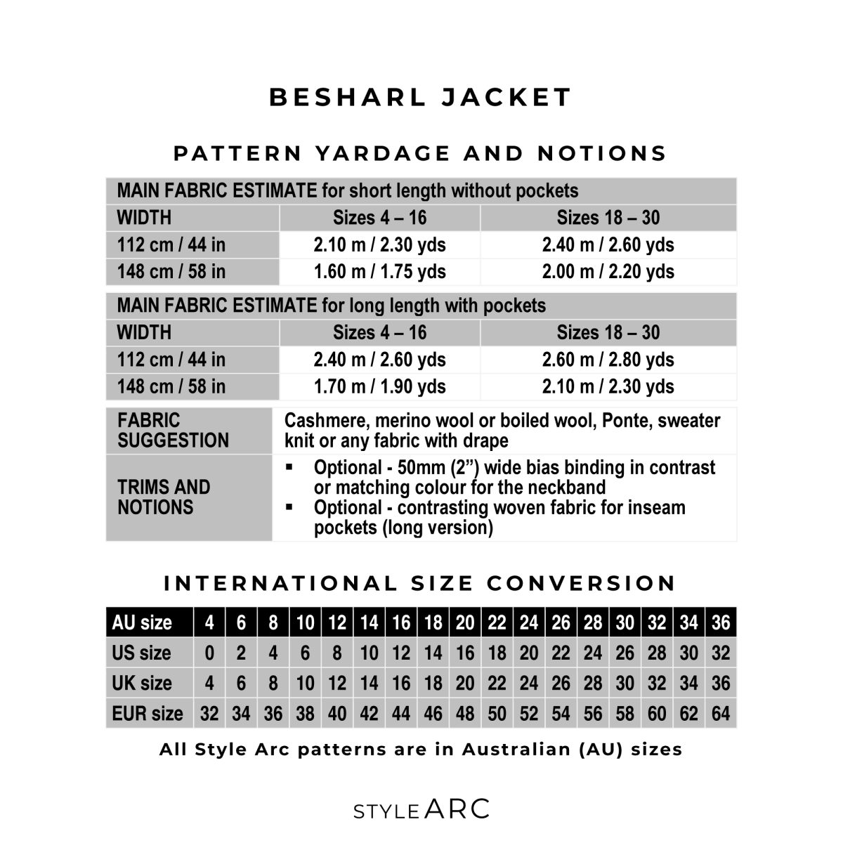 Style Arc Besharl Jacket Sewing Pattern