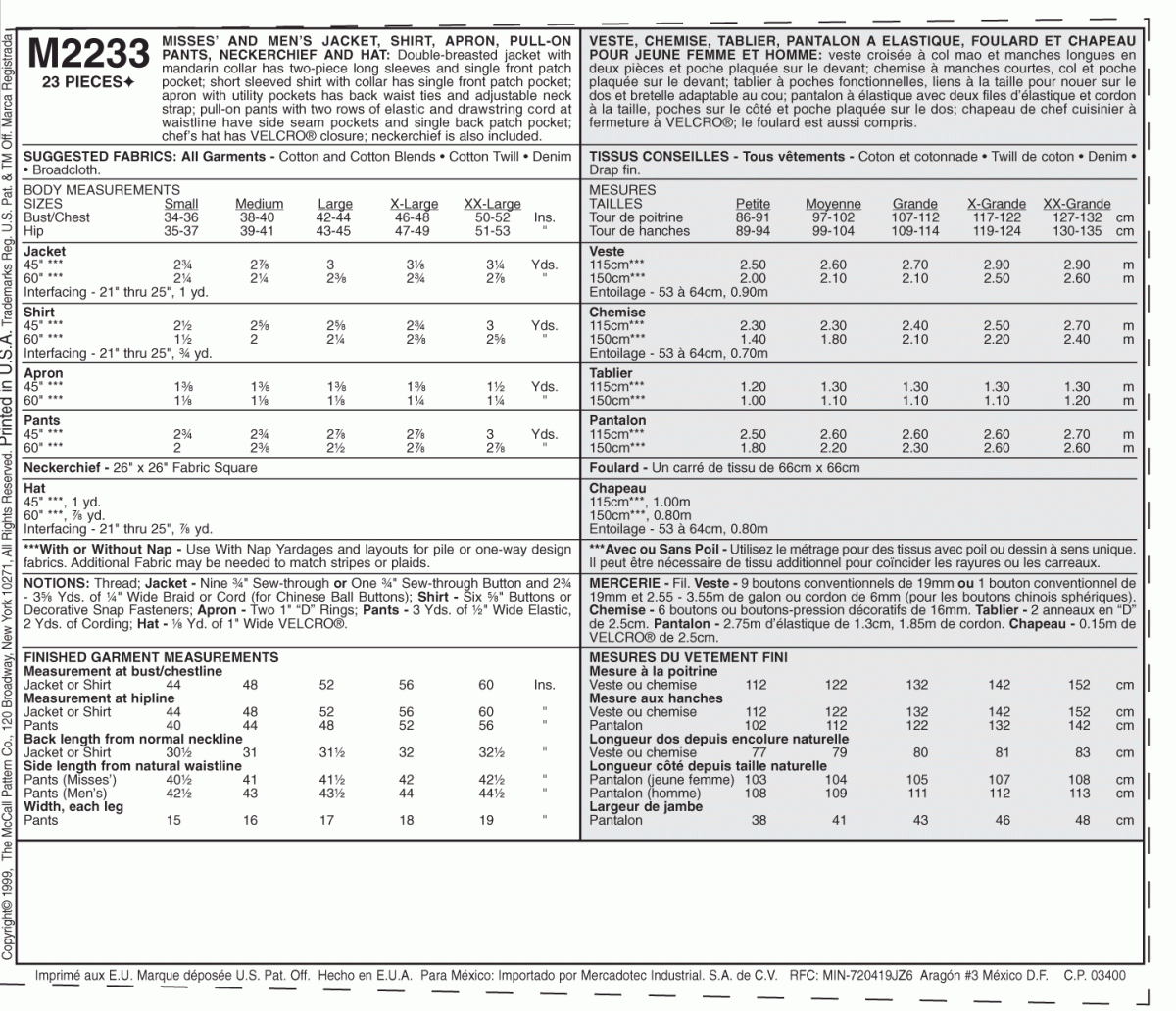 McCall's Sewing Pattern M2233 Misses' and Men's Jacket, Shirt, Apron, Pull-On Pants, Neckerchief and Hat
