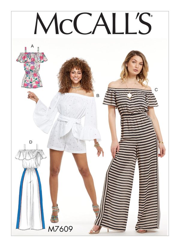 McCall's Sewing Pattern M7609 Misses' Pull-On Off-the-Shoulder Rompers and Jumpsuits with Elastic Waist and Sash