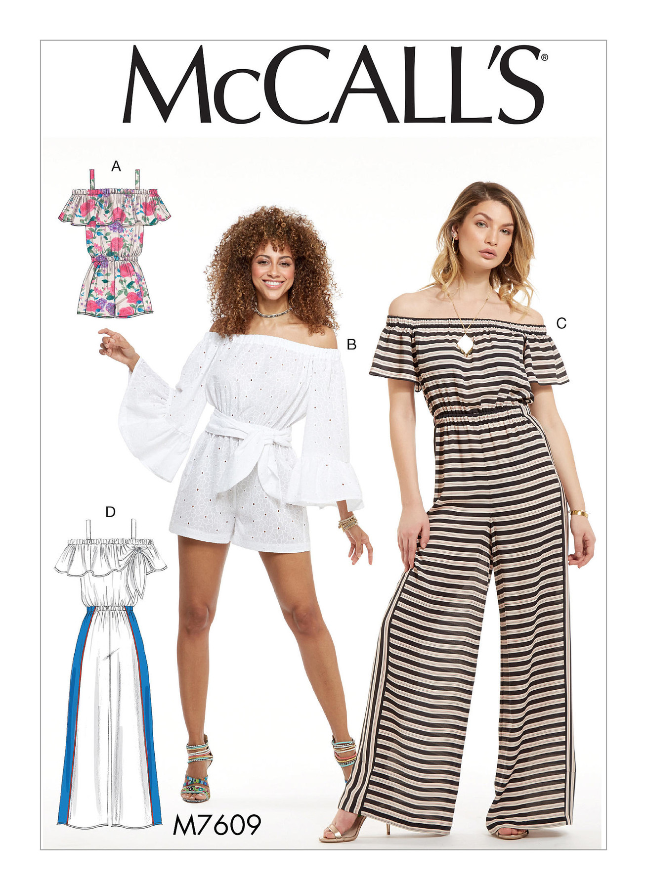 McCall’s Sewing Pattern M7609 Misses’ Pull-On Off-the-Shoulder Rompers and Jumpsuits with Elastic Waist and Sash