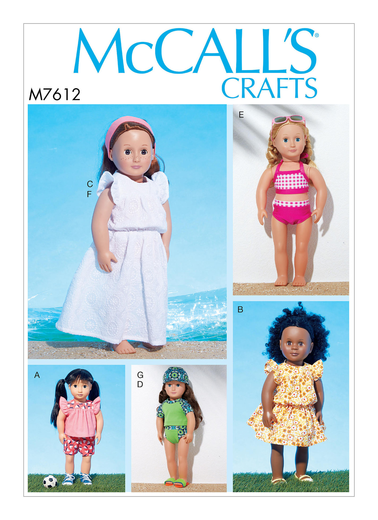McCall’s Sewing Pattern M7612 18″ Doll Top, Shorts, Swimsuit, Dresses, Headband, and Cap