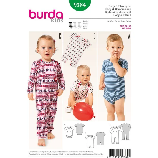 Burda B9384 Babies Bodysuit and Rompers Sewing Pattern