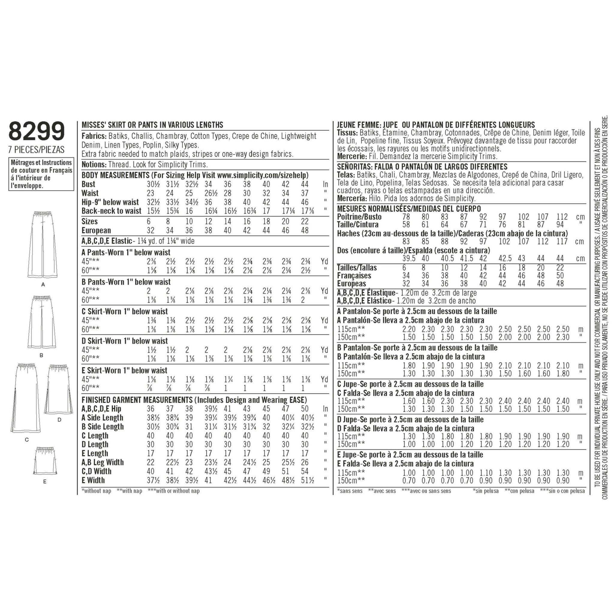 Simplicity Pattern Size Guide Simplicity Pattern 8299 Misses’ Skirts or trousers in various lengths ...